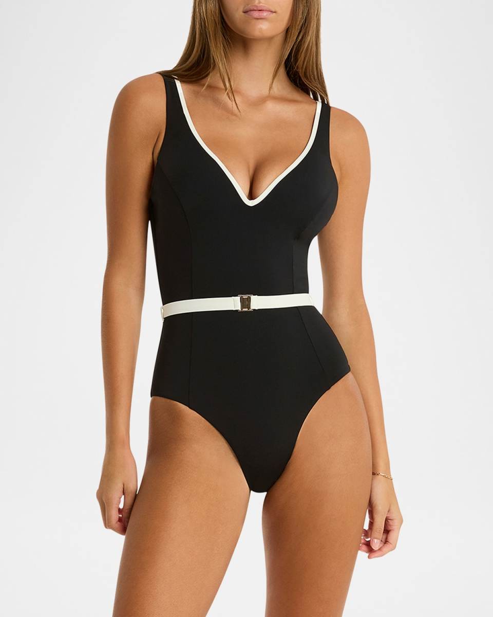Belted Plunge One-Piece Swimsuit